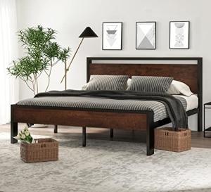 King Size Metal Platform Bed Frame with Wood Headboard