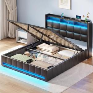 Queen Bed Frame with Storage and LED Lights