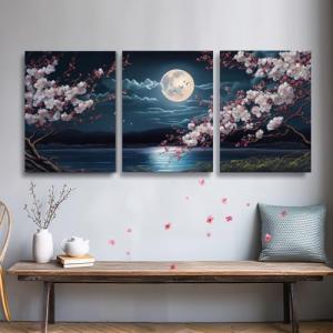 Cherry Blossom Moon Lake Framed Canvas Art Set