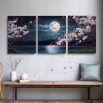 Cherry Blossom Moon Lake Framed Canvas Art Set