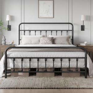 Classic Metal King Bed Frame with Iron Headboard