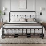 Classic Metal King Bed Frame with Iron Headboard