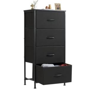 Compact Black Nightstand with 4 Fabric Drawers