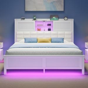 Full-Size Bed Frame with Charging Station and LED Light