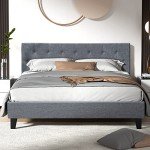 Tufted Grey Queen Bed Frame with Wooden Base