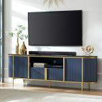 Navy Blue Fluted TV Stand with Faux Marble Top
