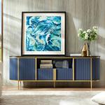Navy Blue Fluted TV Stand with Faux Marble Top