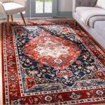 Boho Red Area Rug 4x6, Washable Floral Design