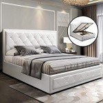 Upholstered Queen Bed Frame with Storage, White Leather