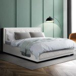 Upholstered Queen Bed Frame with Storage, White Leather