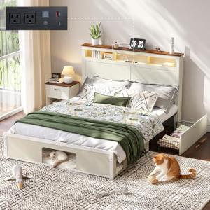 Wood Queen Bed Frame with Storage and LED Lights