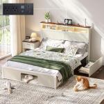 Wood Queen Bed Frame with Storage and LED Lights