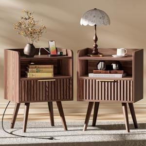 Huuger Nightstand Set with Charging Station, Walnut