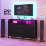 Black Fabric Dresser with LED Lights and Charging Station