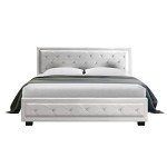Upholstered Queen Bed Frame with Storage, White Leather