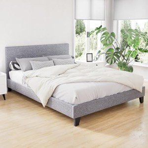 Modern Gray Upholstered Double Bed Frame with Headboard