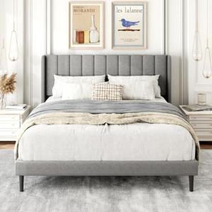 Queen Size Upholstered Wingback Bed Frame - Light Gray