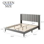 Queen Size Upholstered Wingback Bed Frame - Light Gray