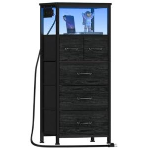 Tall Dresser Nightstand with Charging Station and LED Lights