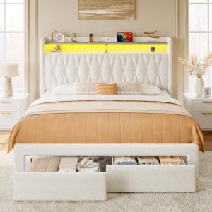 Rolanstar Beige Full Bed Frame with Storage & LED