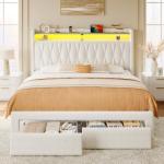 Rolanstar Beige Full Bed Frame with Storage & LED