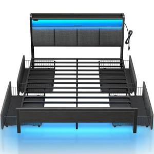 Full Dark Grey Bed Frame with Charging Station & LED Lights