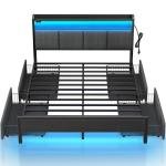Full Dark Grey Bed Frame with Charging Station & LED Lights