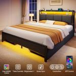 Full Dark Grey Bed Frame with Charging Station & LED Lights