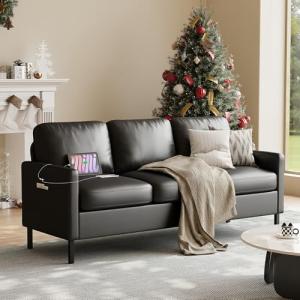 STHOUYN 72" Black Faux Leather 3-Seat Sofa