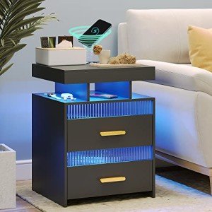 Dystler Black Nightstand with Charging Station & LED Light