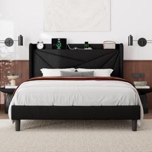 Queen Size Linen Upholstered Bed Frame with Charging Station