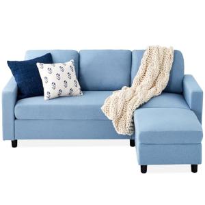 Light Blue Upholstered L-Shaped Sectional Sofa with Ottoman