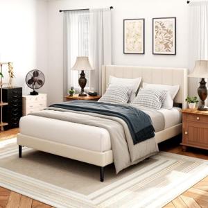 Beige Queen Bed Frame with Tufted Headboard