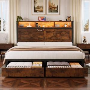 Farmhouse Queen Bed Frame with Storage and LED Light