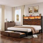 Farmhouse Queen Bed Frame with Storage and LED Light