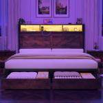 Farmhouse Queen Bed Frame with Storage and LED Light