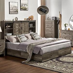Queen Size Wooden Bed Frame with Bookcase Headboard