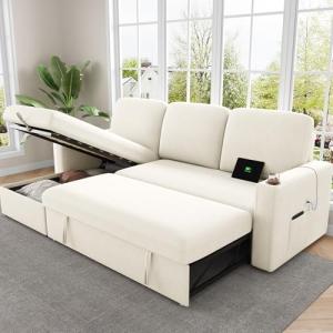87" Velvet Beige Pull Out Sleeper Sofa Bed