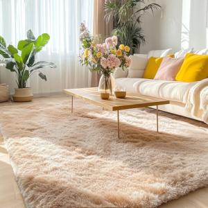 Soft Beige Machine Washable Shaggy Area Rug