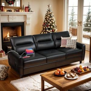 85” Black Faux Leather Sofa with USB Ports