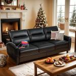 85” Black Faux Leather Sofa with USB Ports