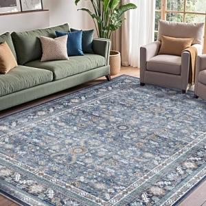 Vintage Blue 5x7 Area Rug - Washable, Non-Slip