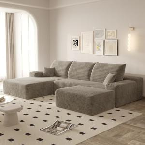 Plush U-Shaped Corduroy Modular Sofa with Ottoman