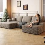 Plush U-Shaped Corduroy Modular Sofa with Ottoman