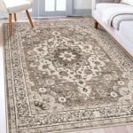 TOPRUUG Washable Oriental Area Rug - 5x8 Rugs for Living Room Soft Carpet for Bedroom Waterproof Floral Distressed Indoor Stain Resistant Non-Shedding Floor Carpets (Beige, 5x8)
