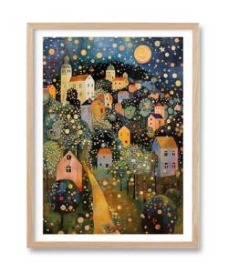 HesenDot Natural OAK Wood Frame Wall Art,12x16in Gustav Klimt Style Moon Stars Tree Canvas Print Posters Art,Village Night Wall Decor for Living Room Bedroom Home, Set of 1