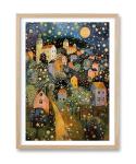 HesenDot Natural OAK Wood Frame Wall Art,12x16in Gustav Klimt Style Moon Stars Tree Canvas Print Posters Art,Village Night Wall Decor for Living Room Bedroom Home, Set of 1
