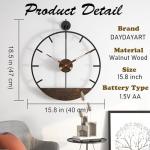 DAYDAYART Modern Wood Walnut Dial Wall Clock, Large Simple Wall Decor Metal Frame Silent Non Ticking Clock for Living Room Decor, Kitchen, Bedroom, Study Decoration, Handmade Home Gift Idea, 15.8 in