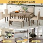 Zevemomo 6-Piece Solid Wood Dining Table Set, Including 1 Dining Table, 4 Upholstered Chairs and 1 Bench, Wooden Legs Dining Table Set for Dining Room, Kitchen, Restaurant, Brown