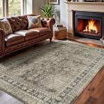 Lessymo 5x7 Area Rugs for Living Room, Machine Washable Non Slip Rug, Soft Low Pile Carpet for Bedroom Dining Home Office, Vintage Brown Distressed Floral Floor Mat